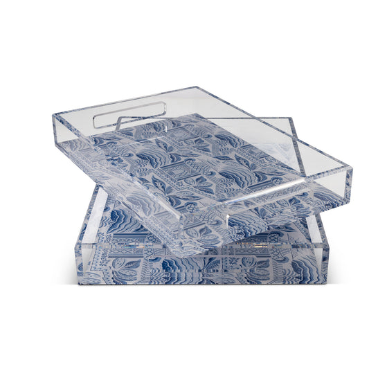 Pagoda Garden Blue/Wthite Large Tray set/2