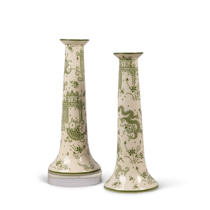 Dragon Pagoda Green Candle Holder Set/2