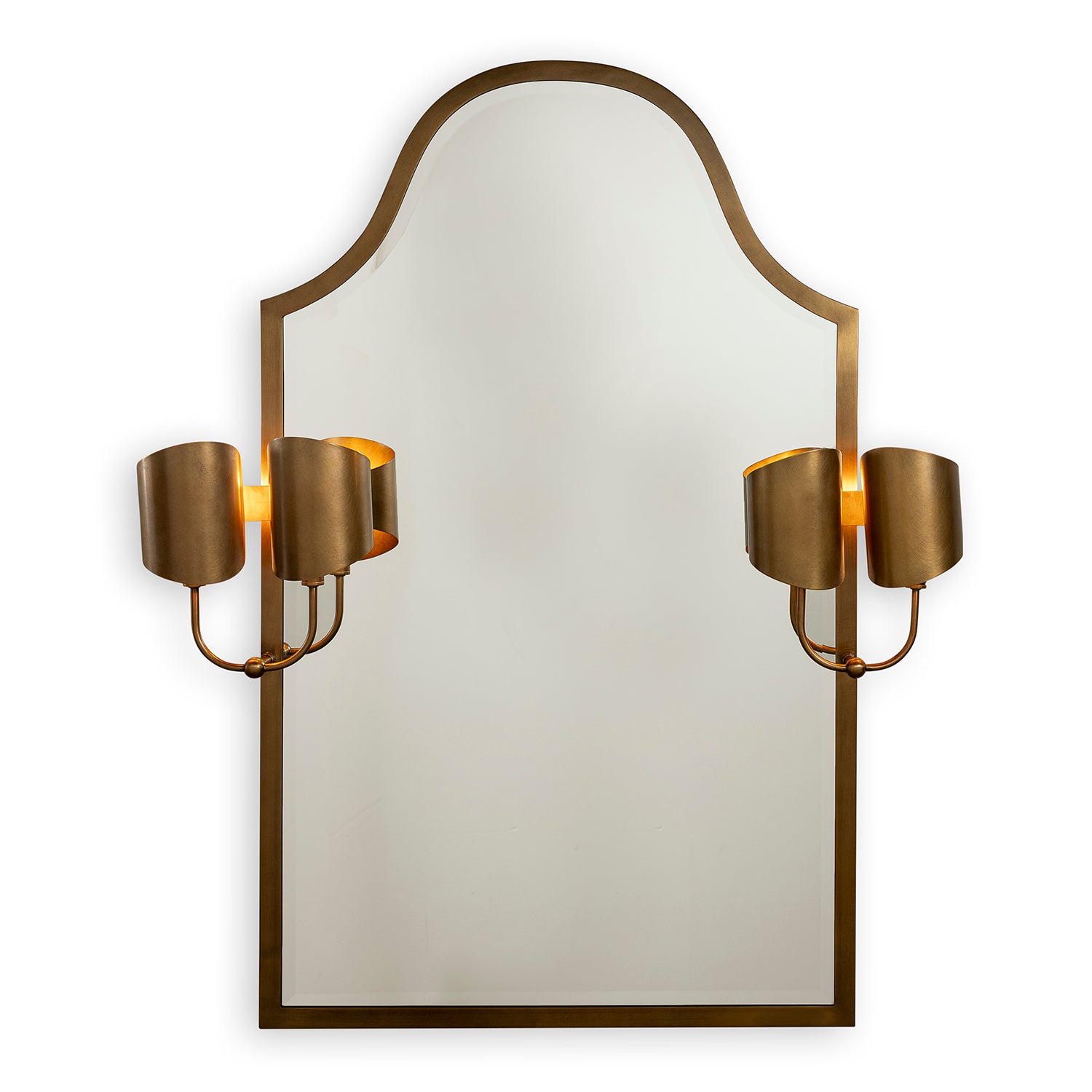 Decorative wall mirror with gold sconces on a white background