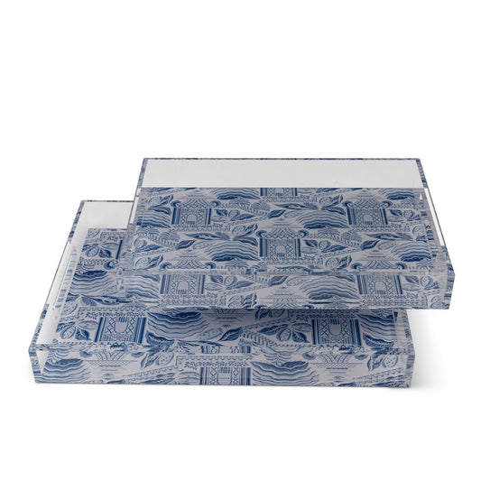 Pagoda Garden Blue/Wthite Large Tray set/2