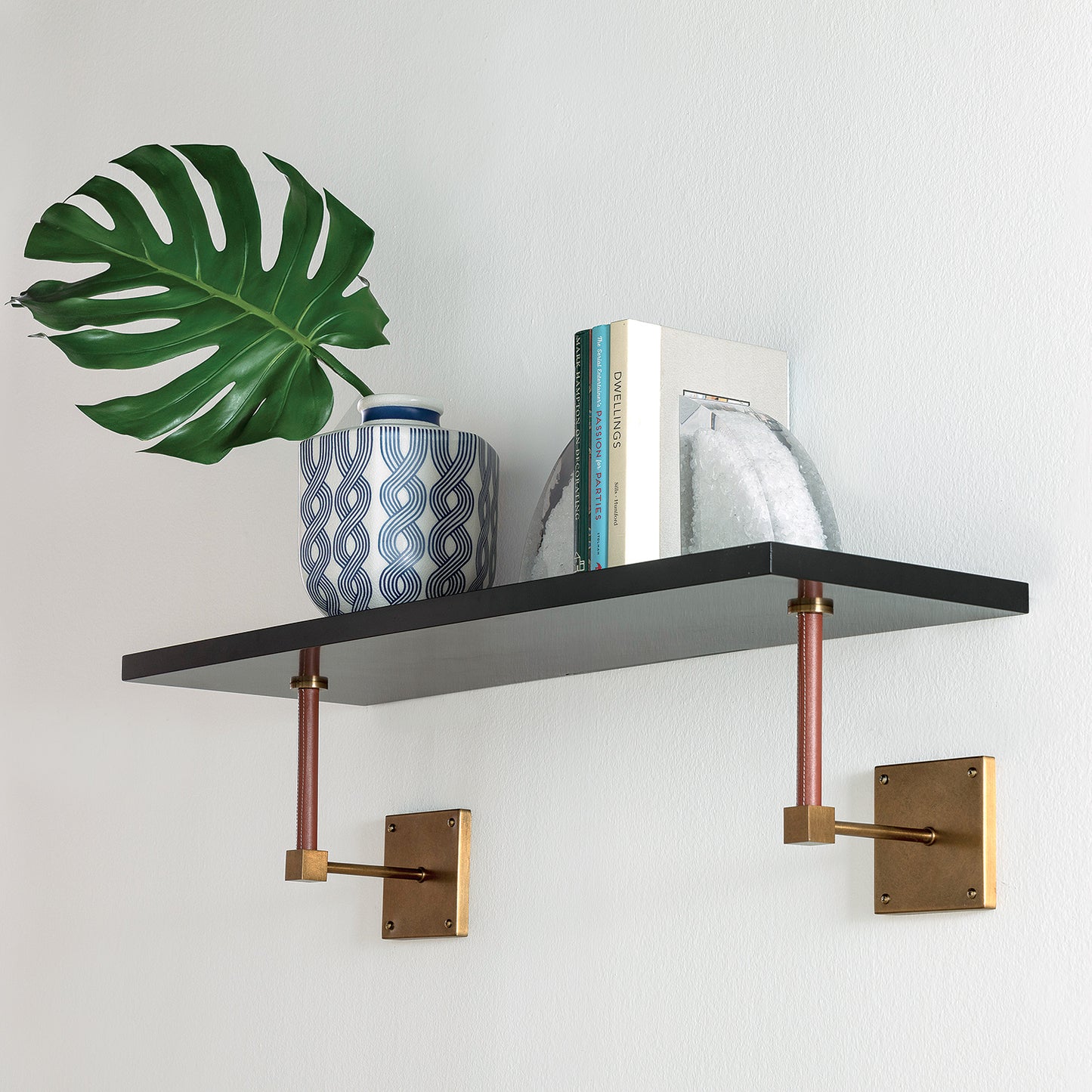 Billy Black/age Brass/leather Wall Shelf 36"W